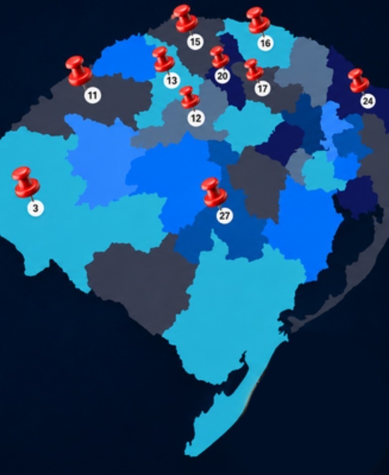 Mapa do Rio Grande do Sul com a presença territorial da JC Gestão em Saúde